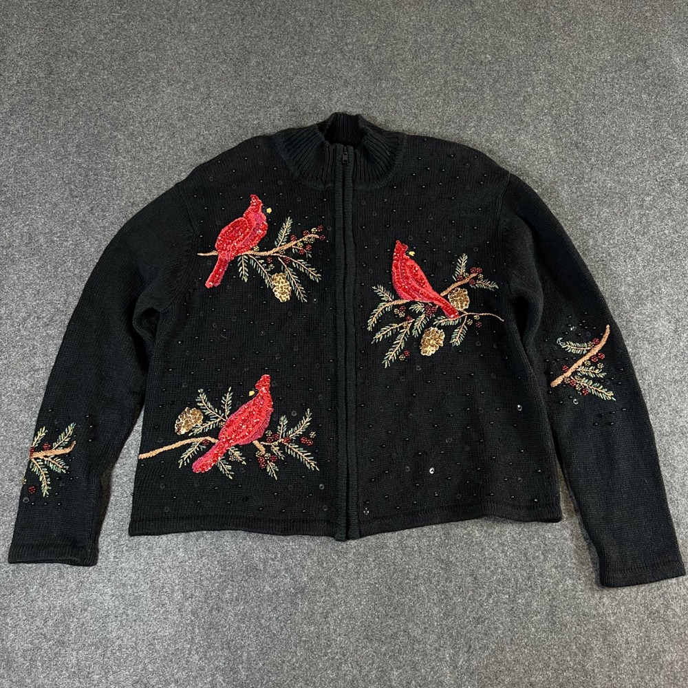 Heirloom Collectibles Cardinal Christmas Sweater Zip Cardigan Black Petite L VTG
